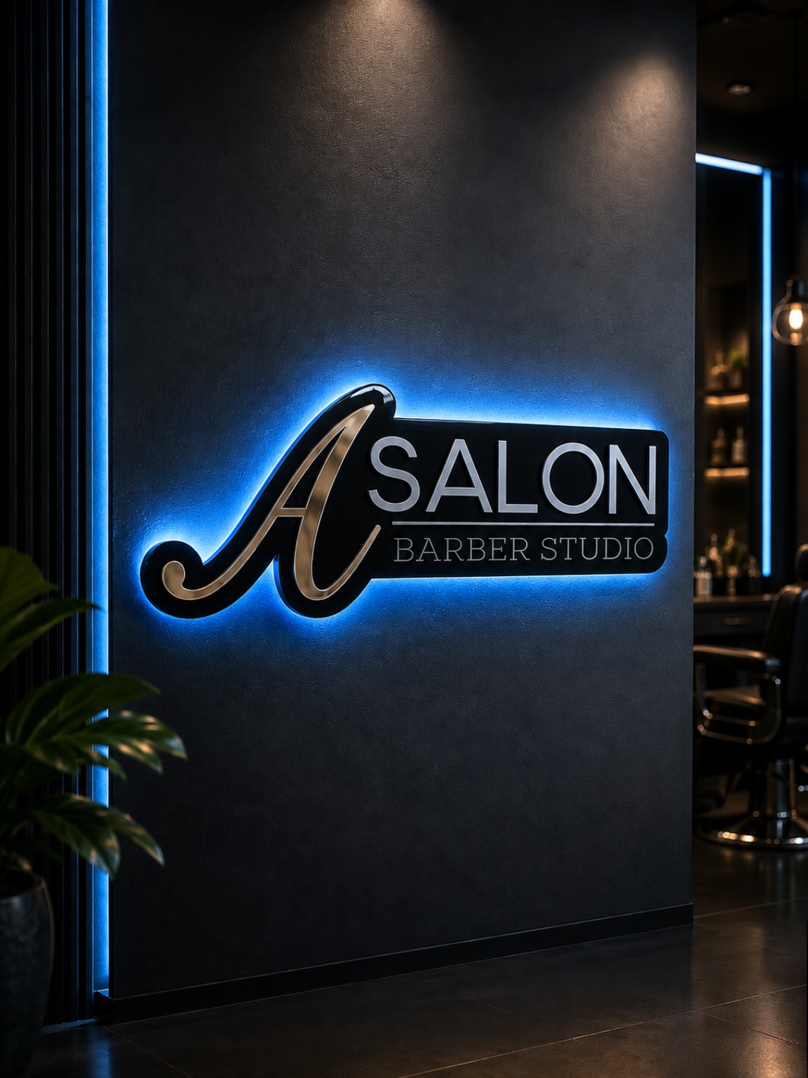 Blue illuminated business sign