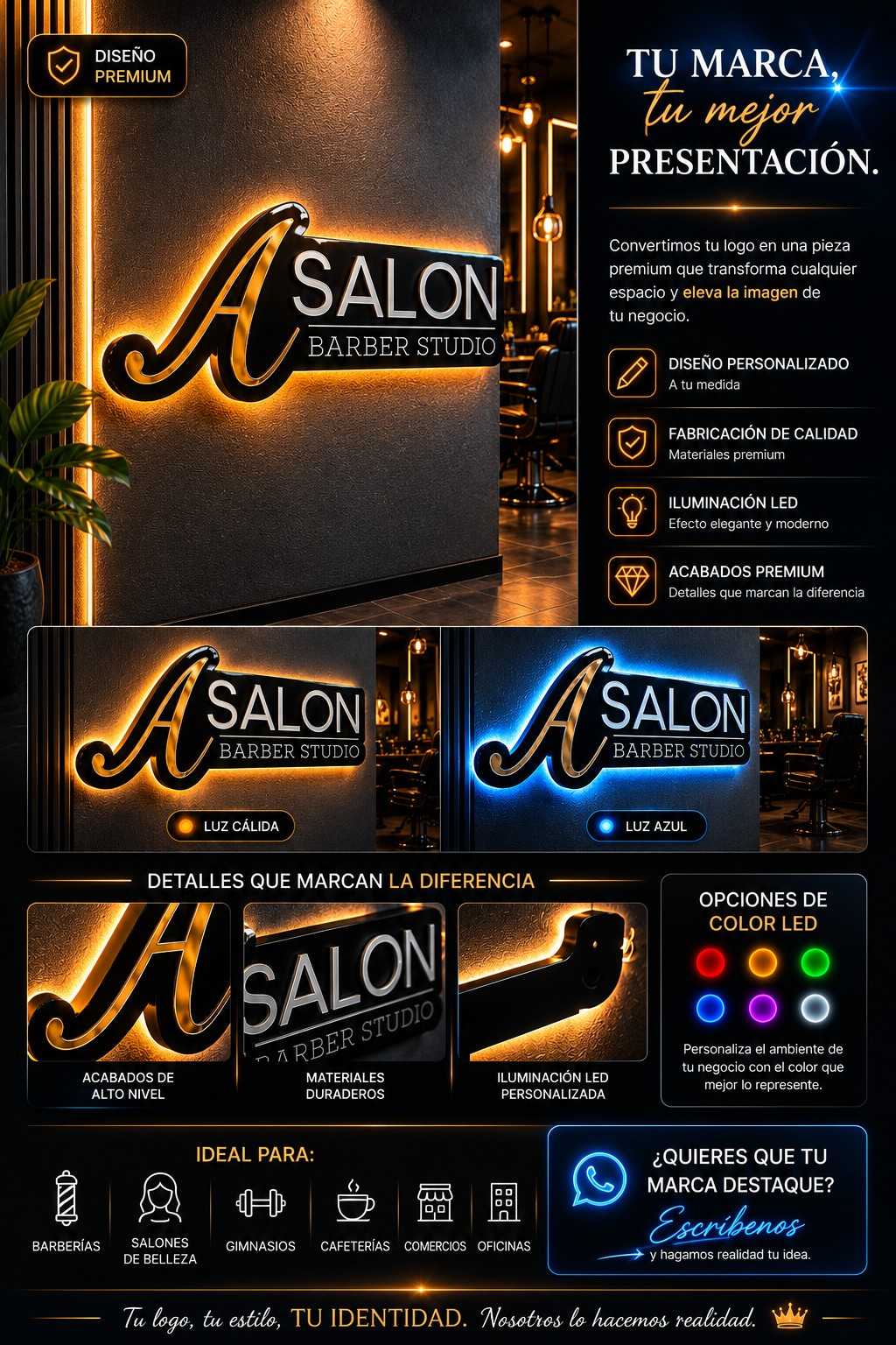 Warm illuminated barber studio sign presentation