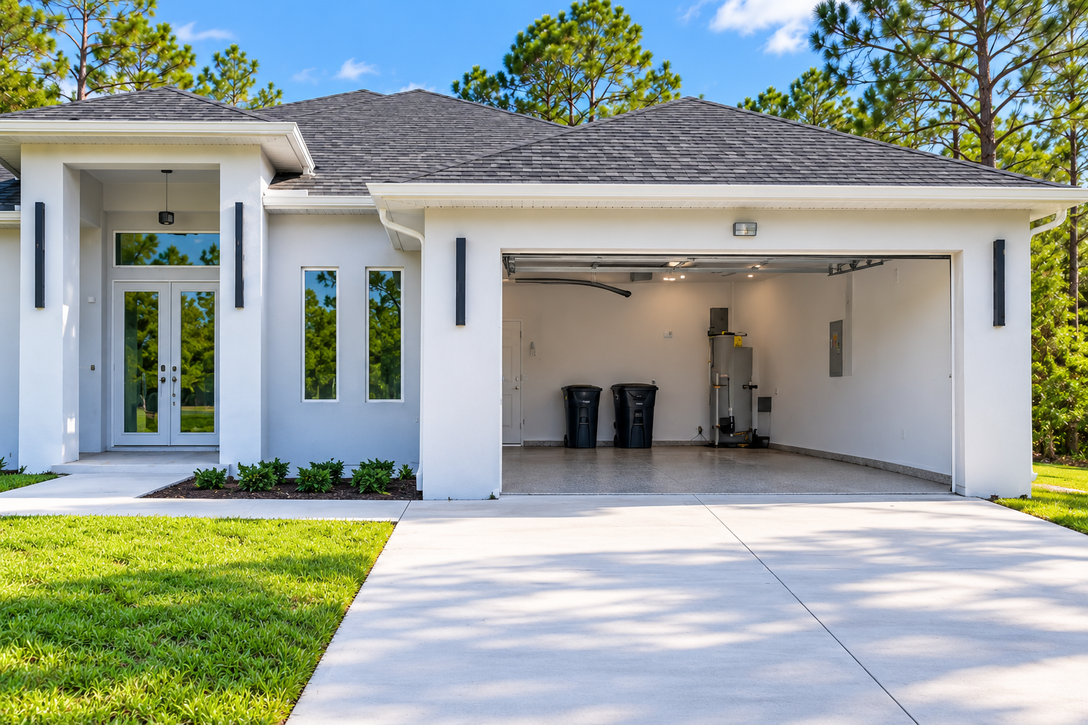 Close daytime view of the Florida home and open garage