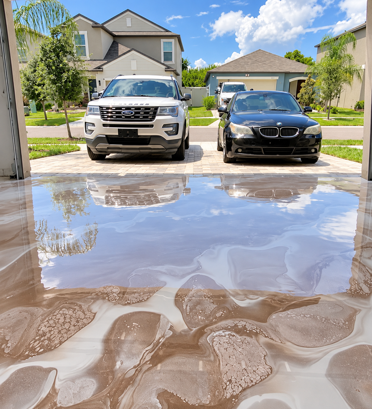Completed champagne metallic epoxy garage floor viewed toward the driveway