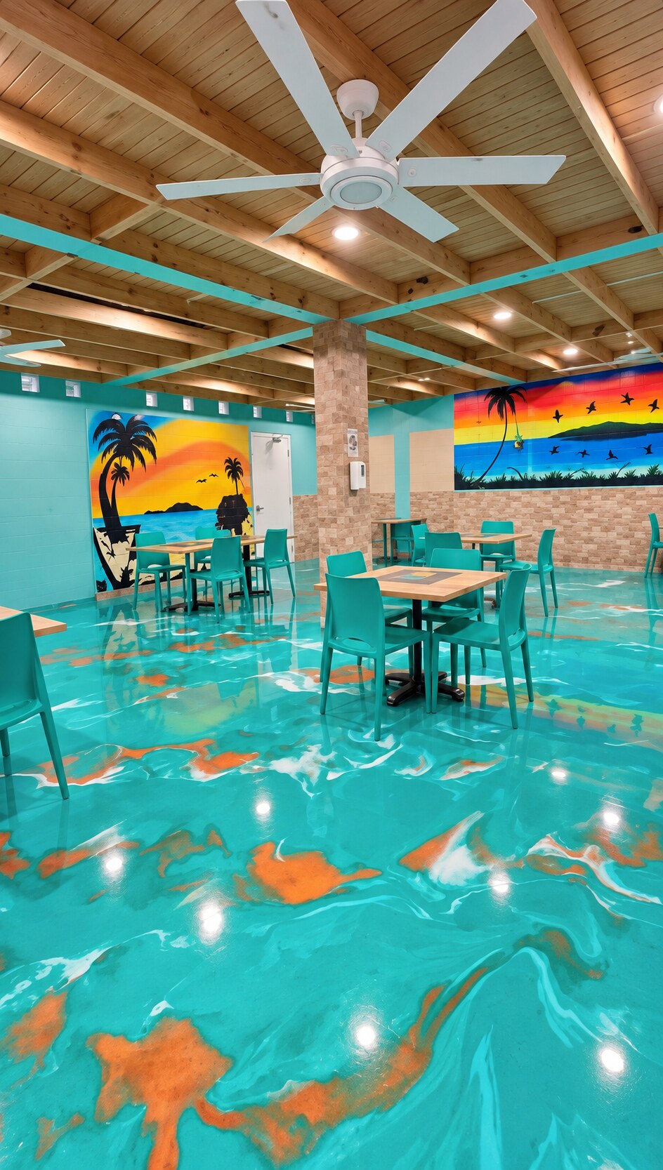 Completed restaurant with a turquoise metallic epoxy floor