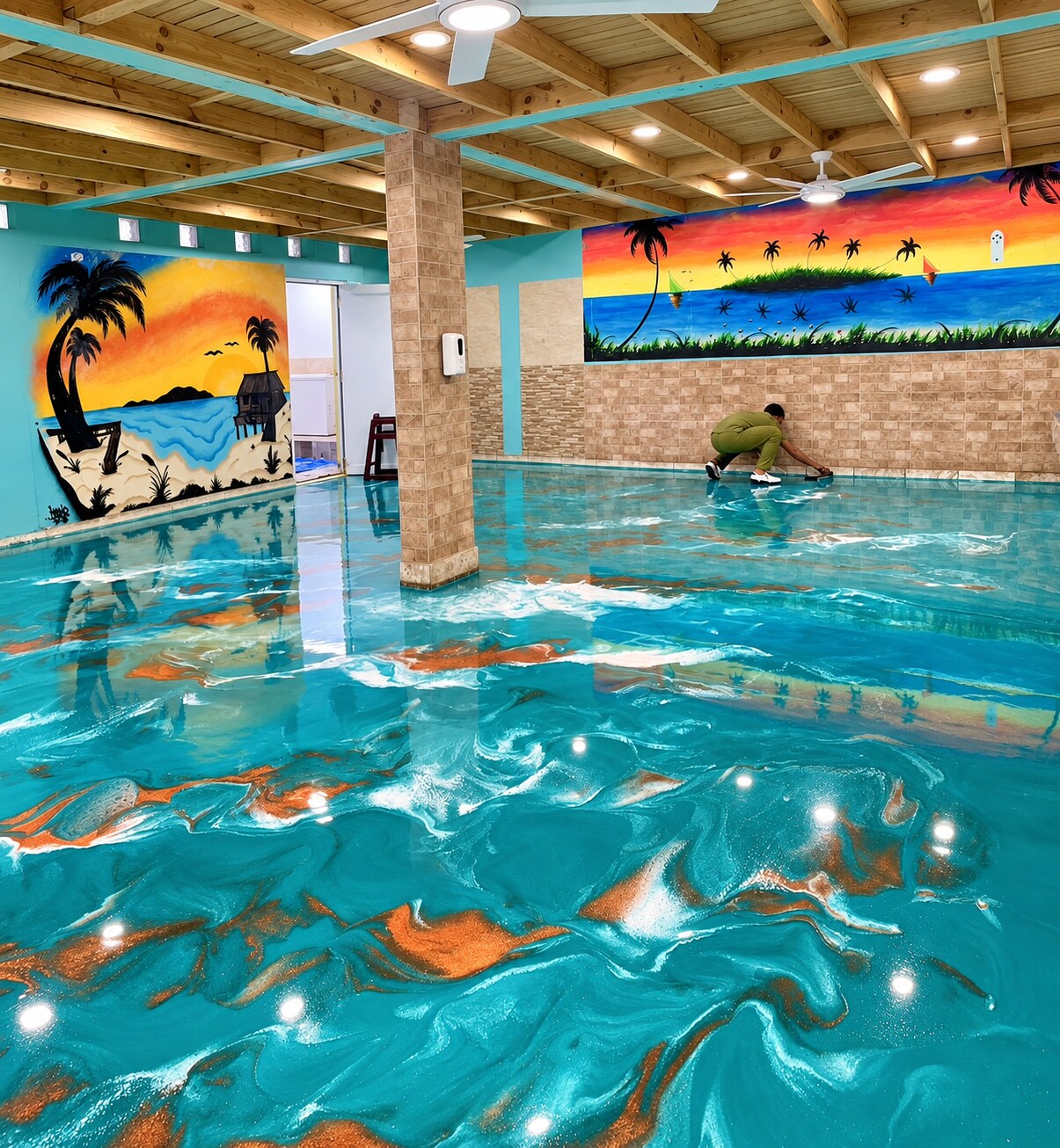 Professional finishing the turquoise, white and copper metallic epoxy floor